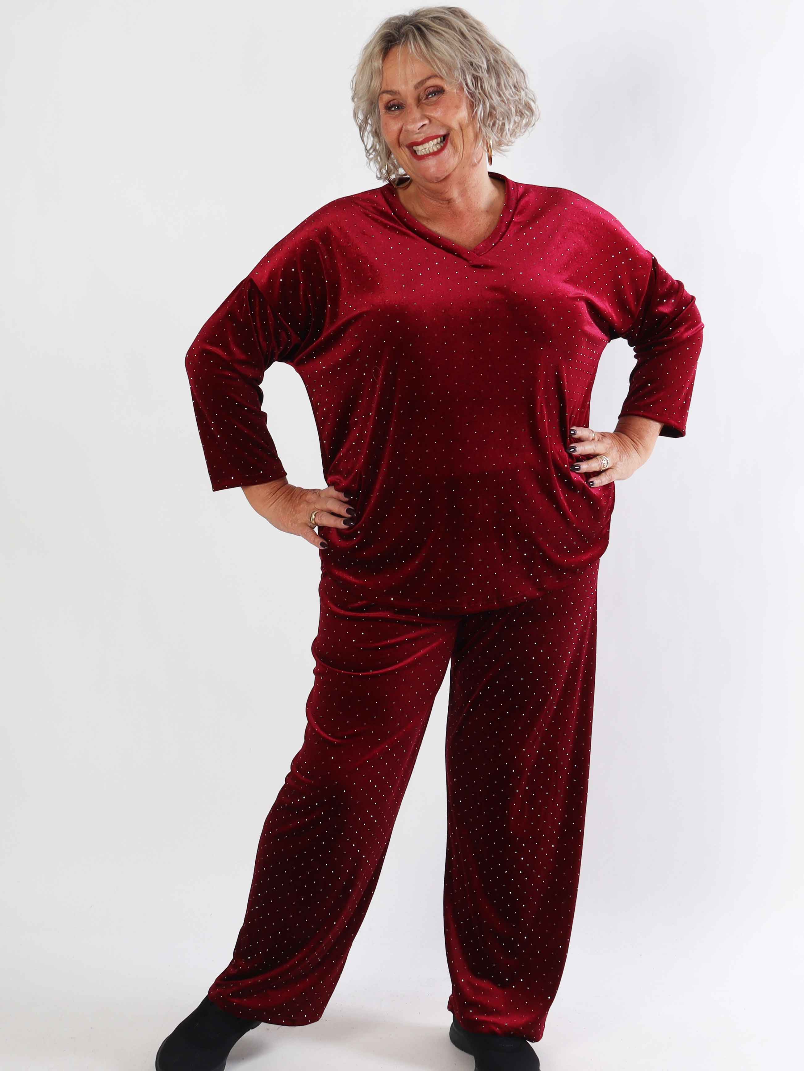 Sparkling - Blødt velour plus size sæt med skinnede sten